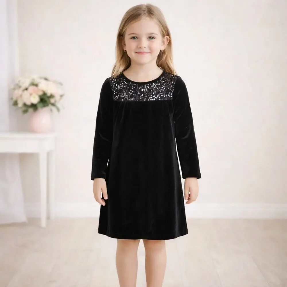 Lands' End Girls Black Velour Sequined Long Sleeve Dress 7-8